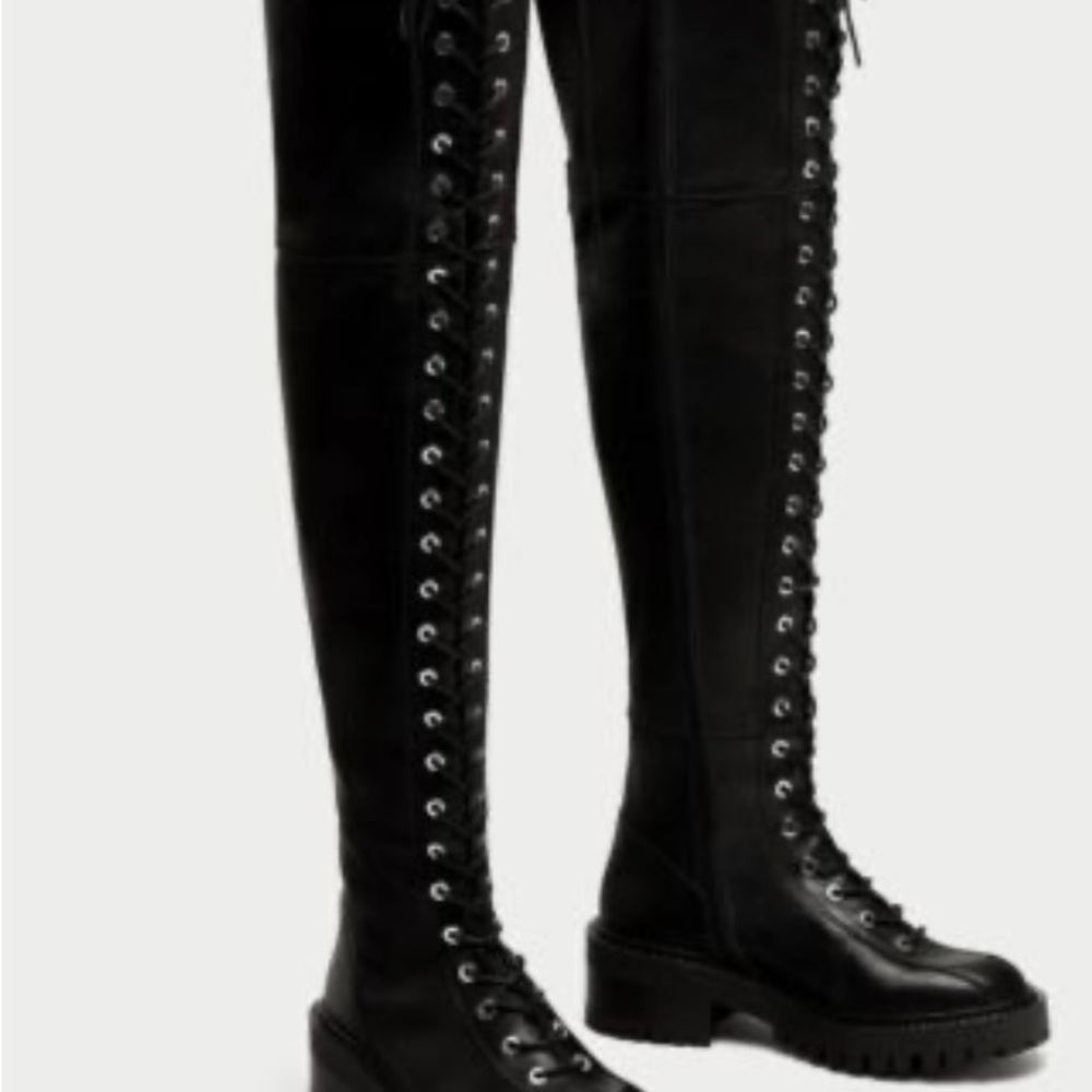 Black Lace-Up Over the Knee Boots with Sturdy Sole